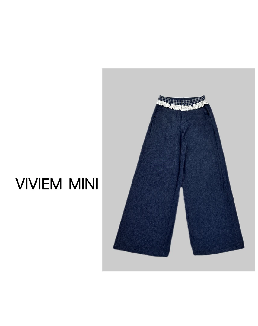 VIVIEN MINI【美姐】时尚洋气百搭显瘦显高蕾丝拼接宽松直筒休闲裤