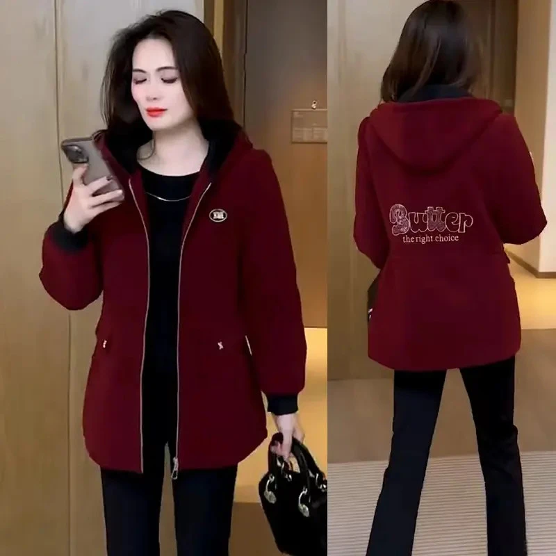 时尚加绒加厚毛呢外套女2025年秋冬季新款洋气设计感连帽显瘦上衣