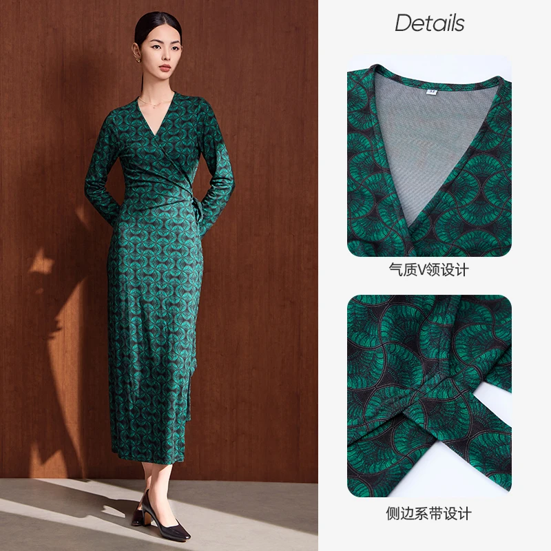 【粉丝专属】马天奴V领印花系带连衣裙收腰长裙气质VDA367DRX0