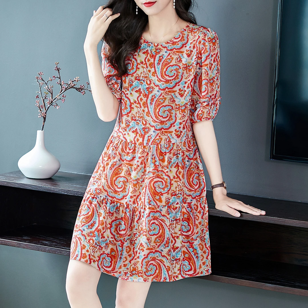 设计感69393小个子夏款新款真丝腰果花印花洋气碎花连衣裙裙子