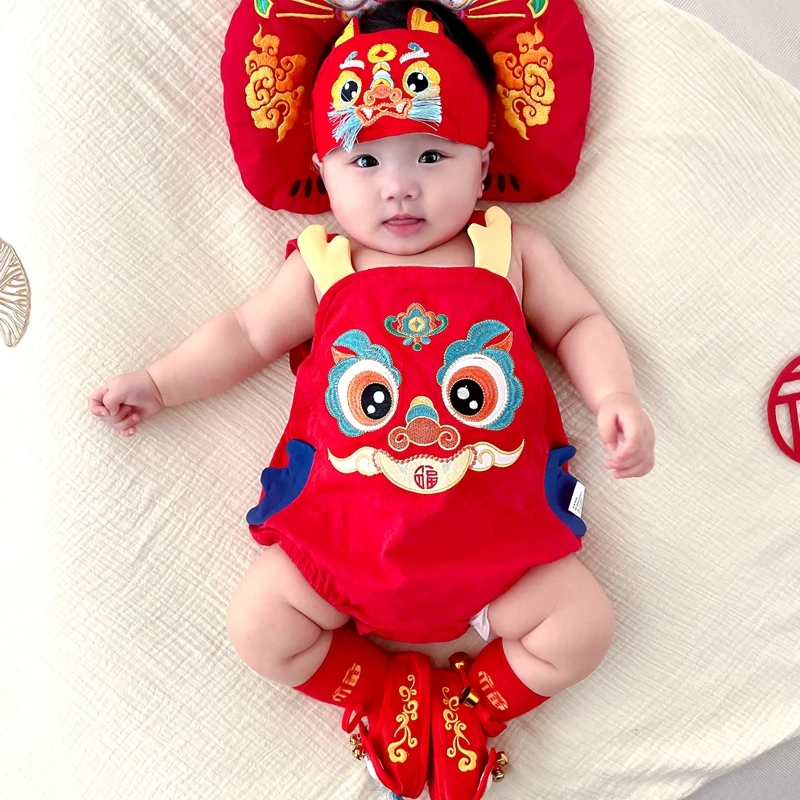 婴儿吊带背心连体衣夏季三角爬宝宝满月百天周岁服红色6282