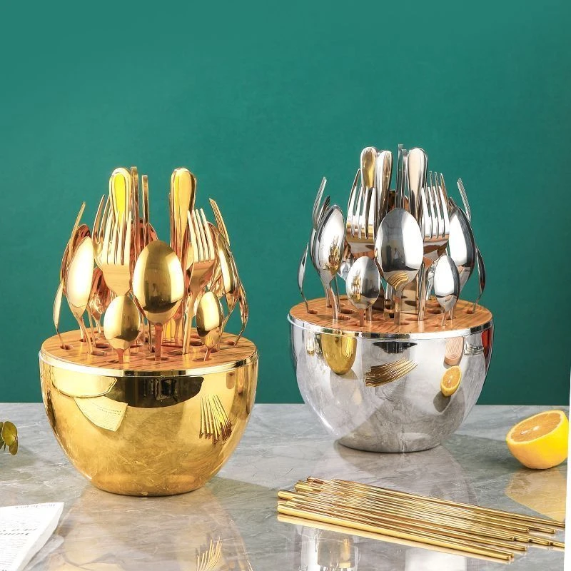 心境蛋大银蛋餐具不锈钢西餐刀叉勺24件套银蛋小食盘蛋形套装 JYX