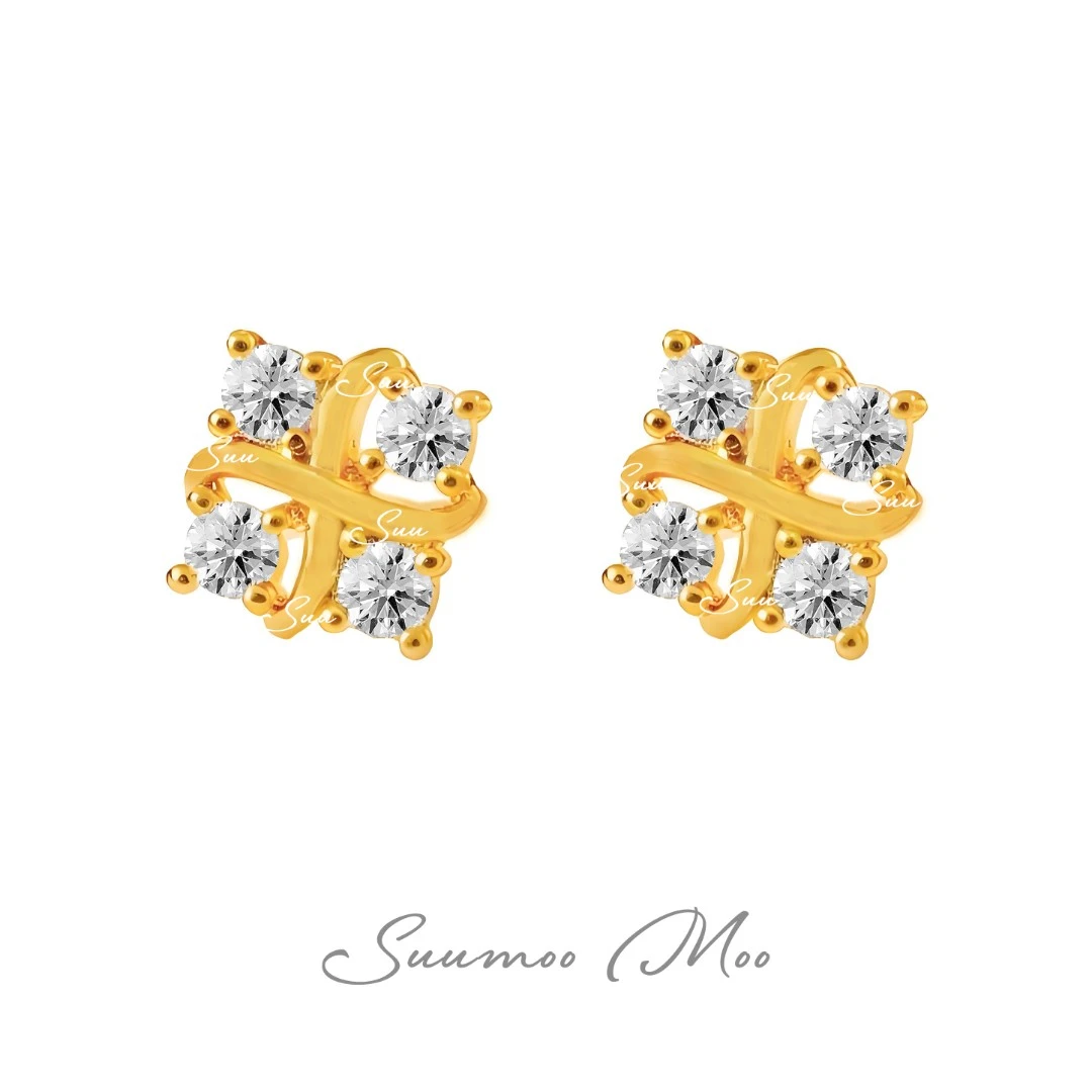 铜合金合成锆石耳饰 法式时尚交叉耳钉 精致时尚简约金色设计