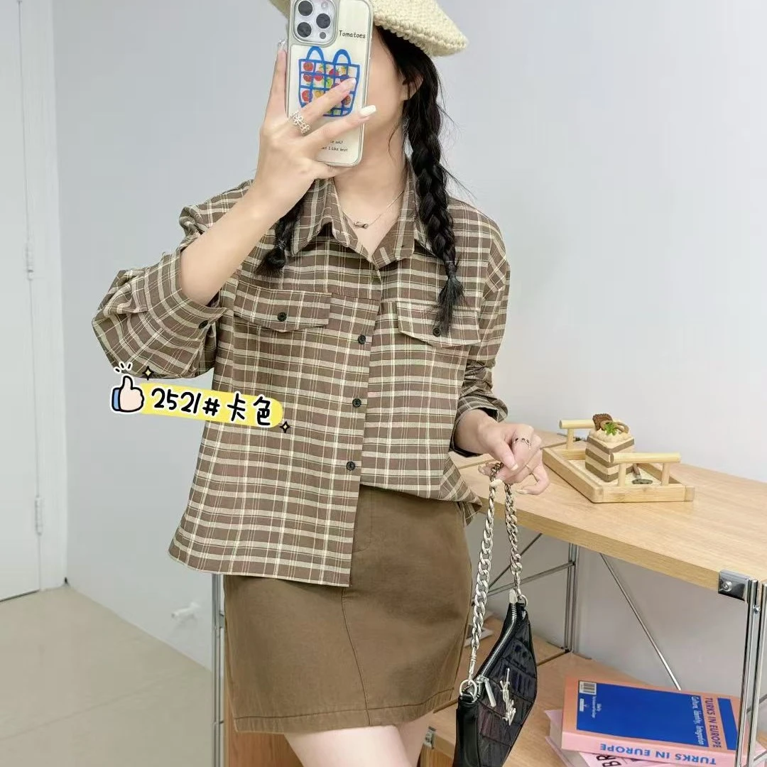 秋季新款女韩版女装休闲格子衬衫净色百搭显瘦时尚气质工厂直销