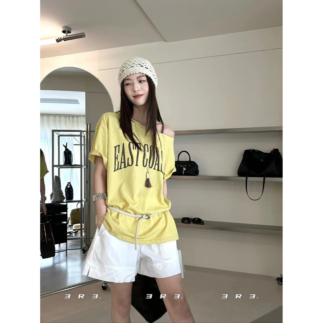 福秒-斜肩的！字母印画宽松休闲T恤（3R2153#）3R3