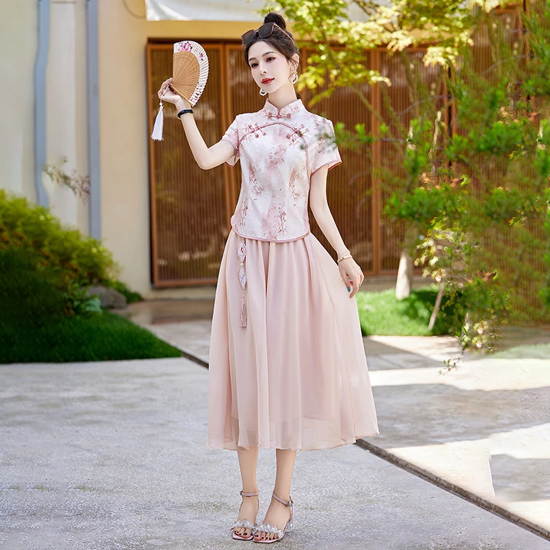 女装时尚套装夏季新品新中式国风小衫中长裙两件套裙复古长款显瘦