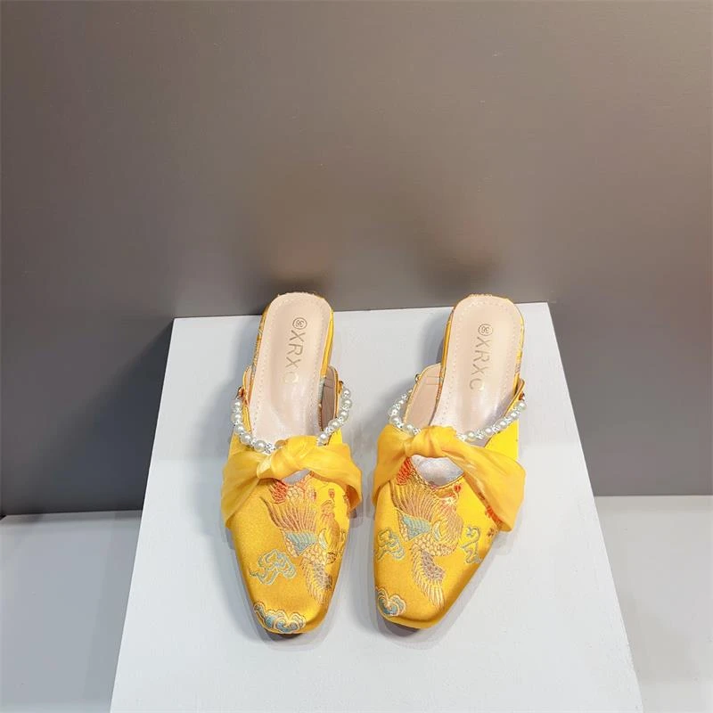 粗跟中跟半拖穆勒鞋女鞋春夏新款时尚新中式珍珠包头半拖鞋