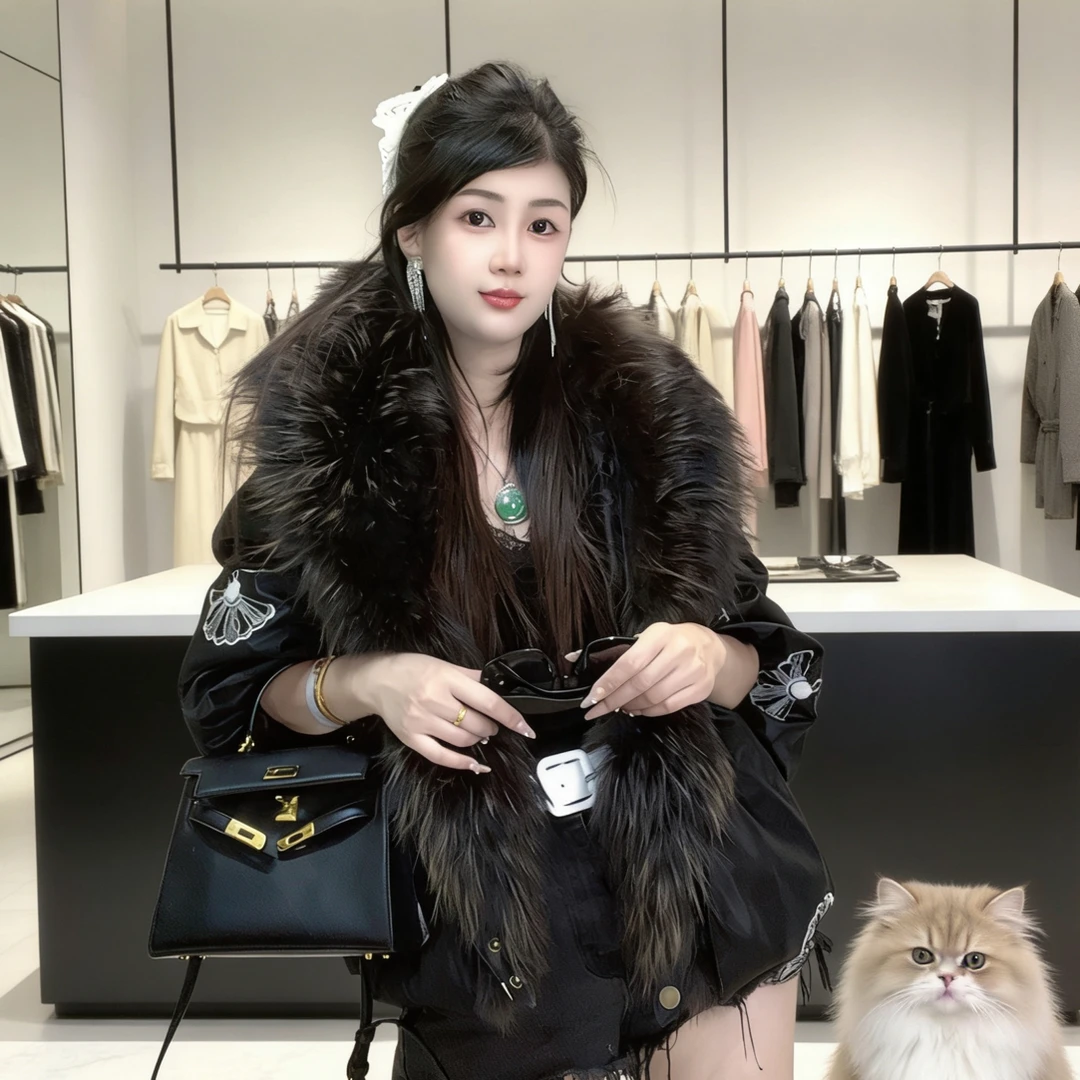 Bikamo/宽松型长袖休闲风厚款貉子毛领可拆轻奢皮衣外套P0430