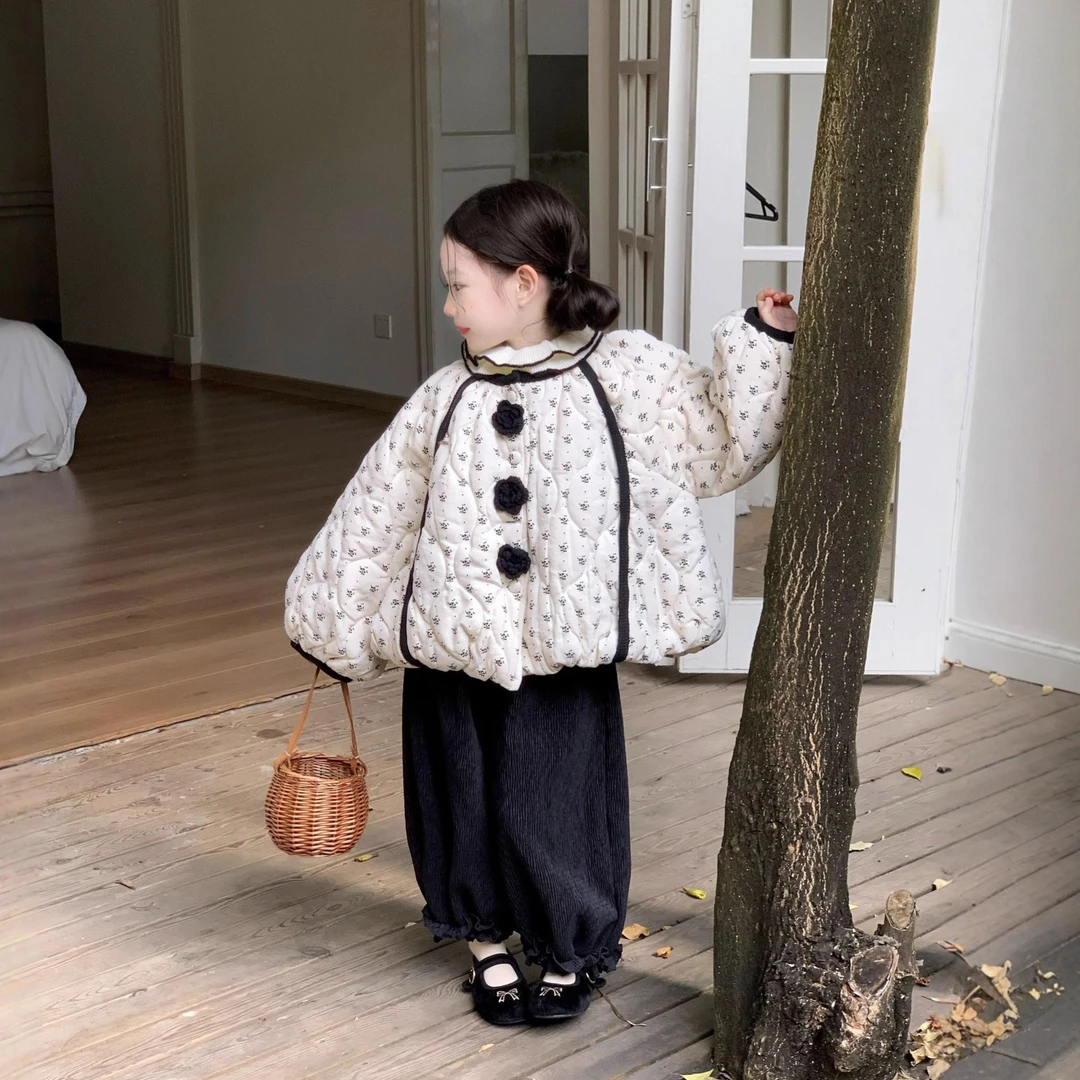 大橙子Studio女宝宝韩系碎花棉服秋冬夹棉花苞外套加绒灯笼裤套装