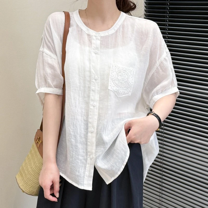 （衣兮蕾丝刺绣苎麻小衫）85120夏季文艺设计感显瘦镂空提花短袖
