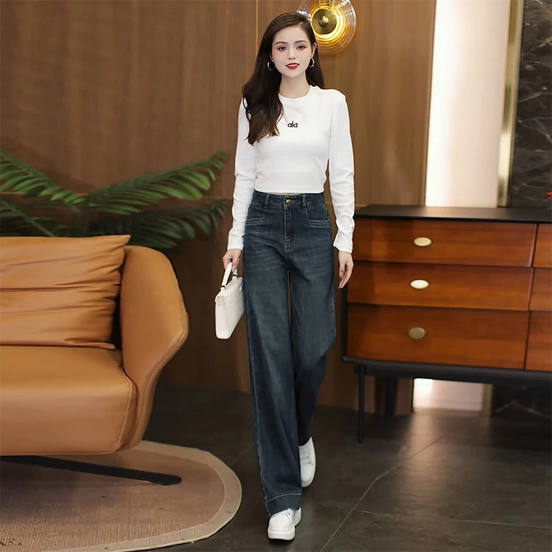 时尚休闲牛仔裤女2025秋季新款气质百搭高腰显瘦微弹水洗直筒裤