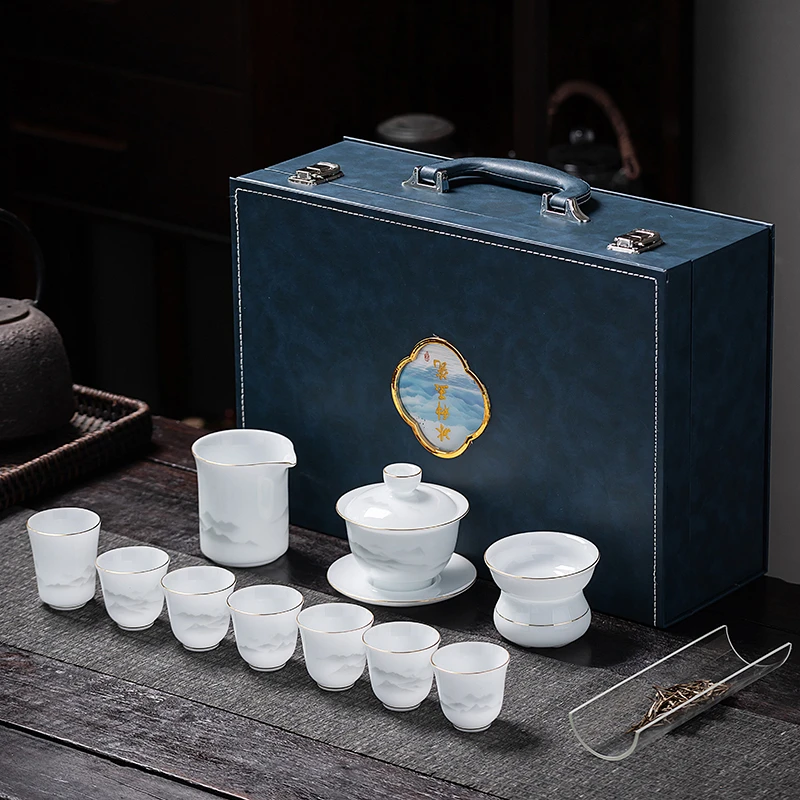 高档冰种羊脂玉茶具套装德化白瓷功夫茶具整套家用送礼茶具礼盒装