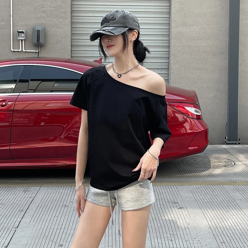 一字肩上衣女夏季2025新款独特超好看斜肩短袖T恤宽松露肩打底衫