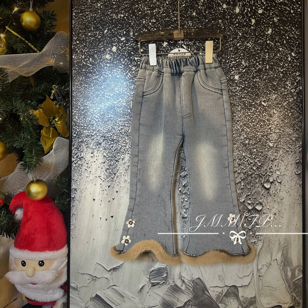 【秋冬款】F004女童加绒牛仔裤保暖喇叭裤儿童洋气长裤