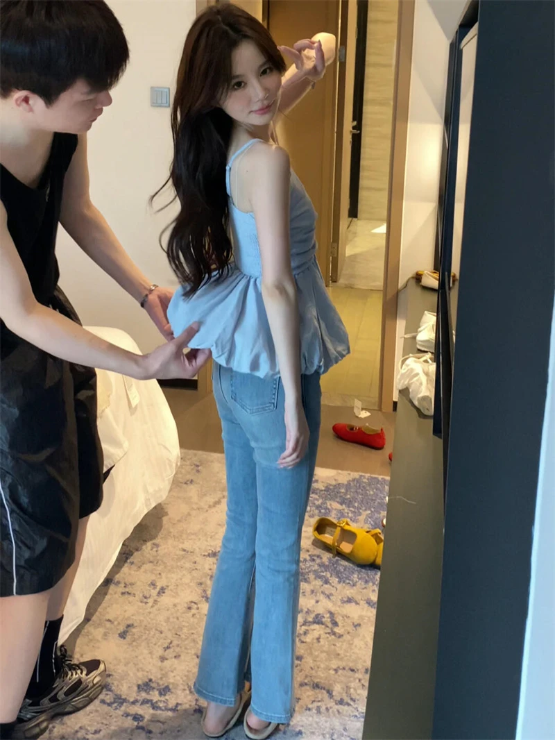 夏季新款韩系温柔小清新穿搭一整套法式修身上衣高腰裤子两件套女