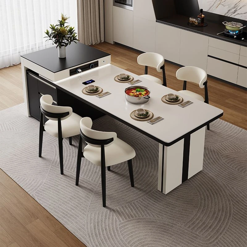 简约实木岩板岛台餐桌家用小户型一体可伸缩多功能吃饭桌子饭桌