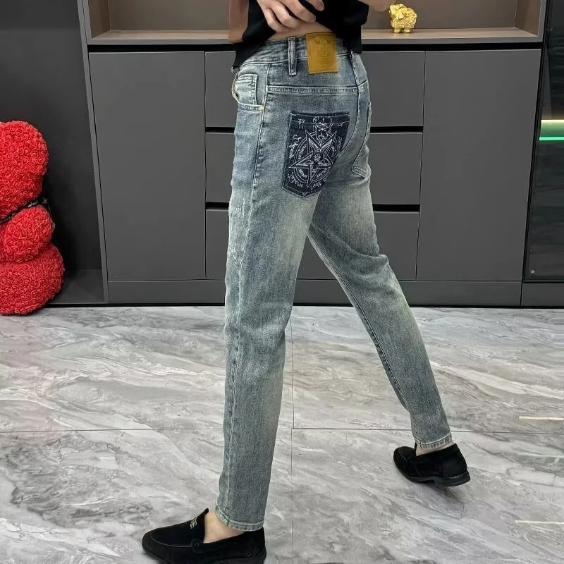 2025夏季薄款高端牛仔裤男宽松直筒九分美式高街蓝色休闲弹力裤子