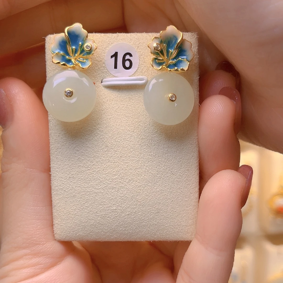 和田玉银S925镀金镶嵌耳饰