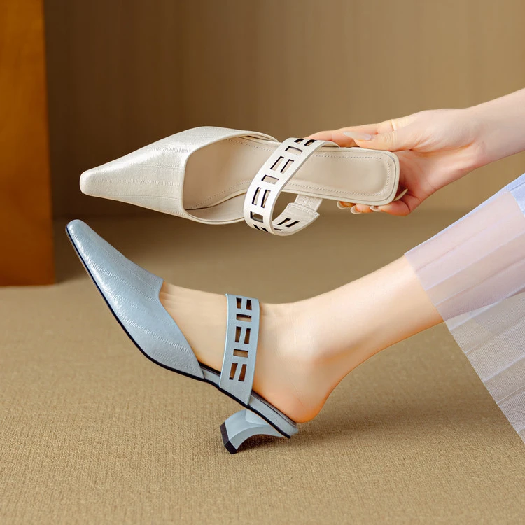 牛皮~5.5cm小香风包头凉鞋女2025夏季新款一脚蹬小众设计外穿拖鞋