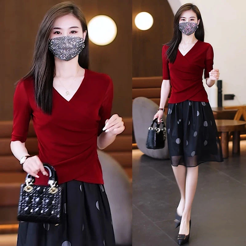 2025夏新款女士中袖t恤时尚百搭不规则设计感V领小众洋气衣服女