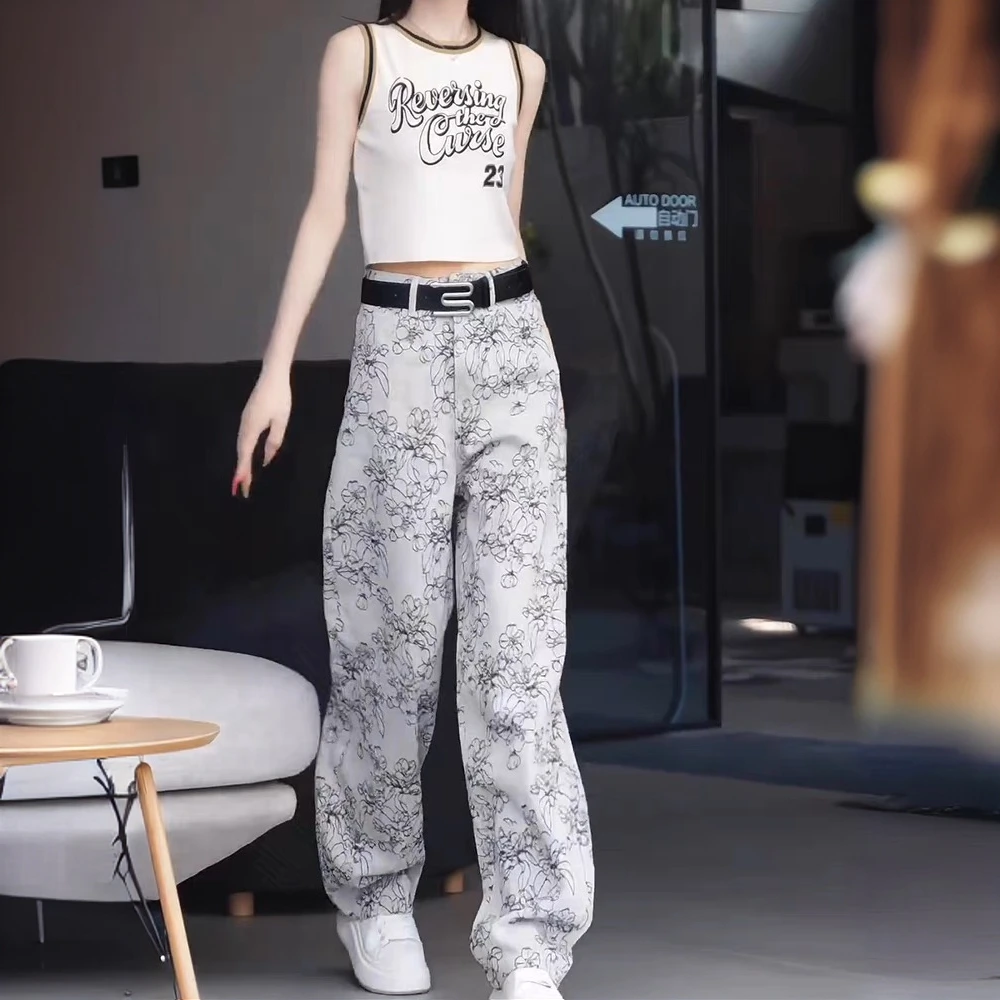 复古刺绣印花直筒牛仔裤女2025夏季薄款高腰宽松显瘦窄版阔腿裤子