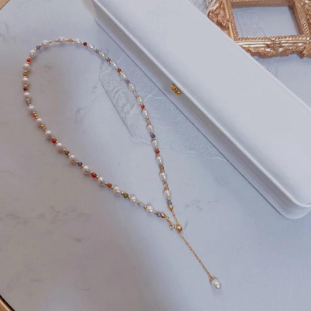 混彩设计5-6MM天然淡水akoya巴洛克珍珠可调节项链，彩色锆石