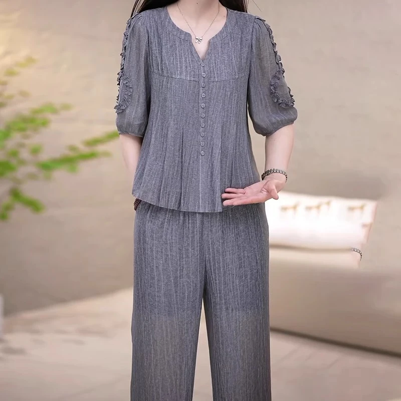 休闲气质短袖套装女2025夏季新款妈妈装时尚宽松百搭阔腿裤两件套