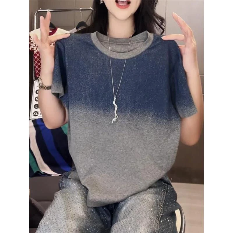 大码300斤情侣夏季时尚百搭渐变男女圆领宽松短袖t恤气质休闲上衣