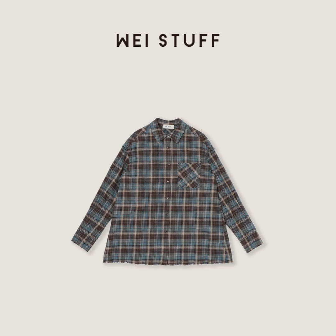 WEI STUFF  “格纹叙事” 设计感翻领格纹做旧休闲衬衫 9715 .