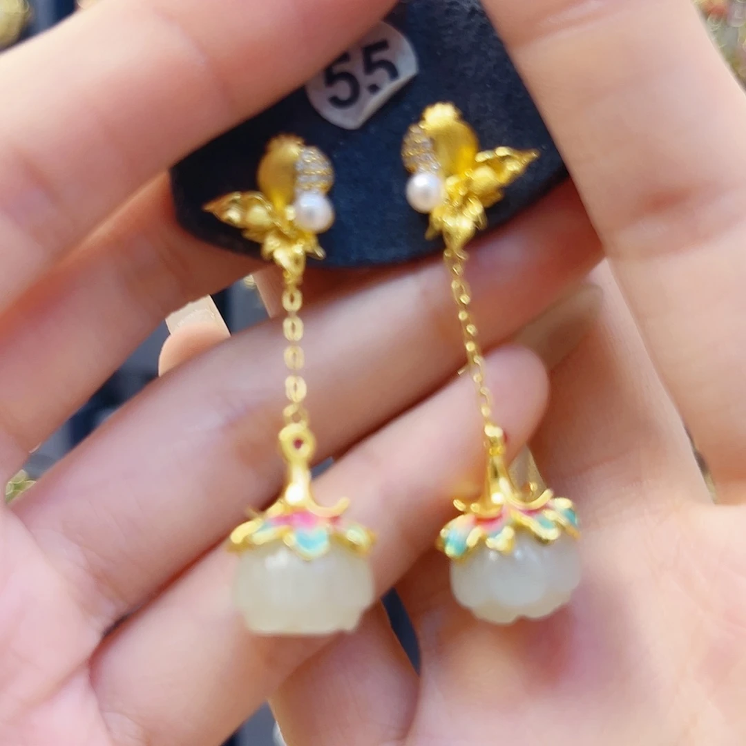 和田玉银S925镀金镶嵌耳饰