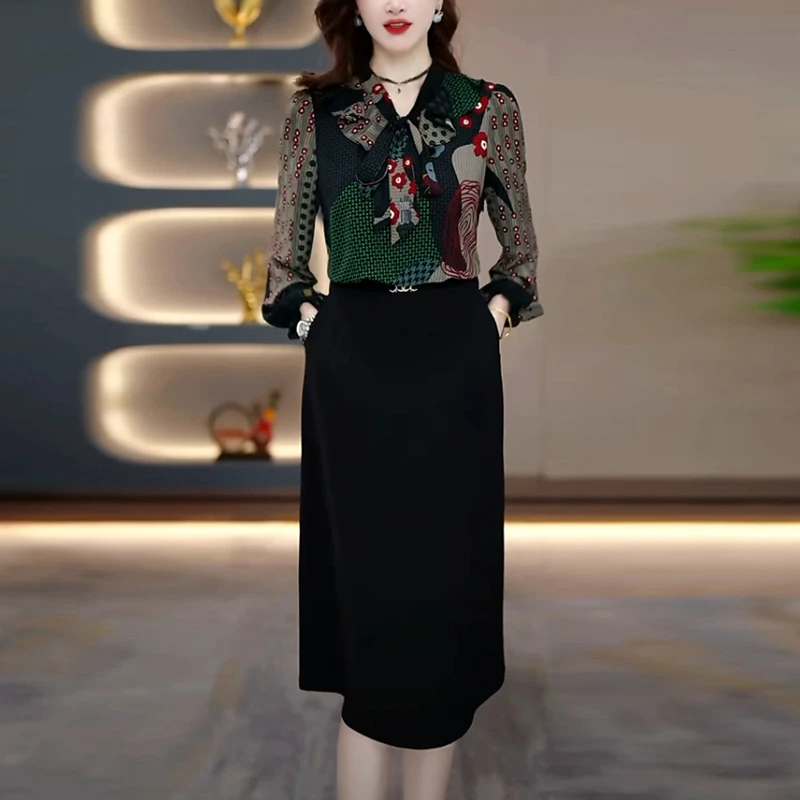 琉璃丝轻奢女装2025春秋新款时尚长袖气质拼接假两件印花连衣裙子