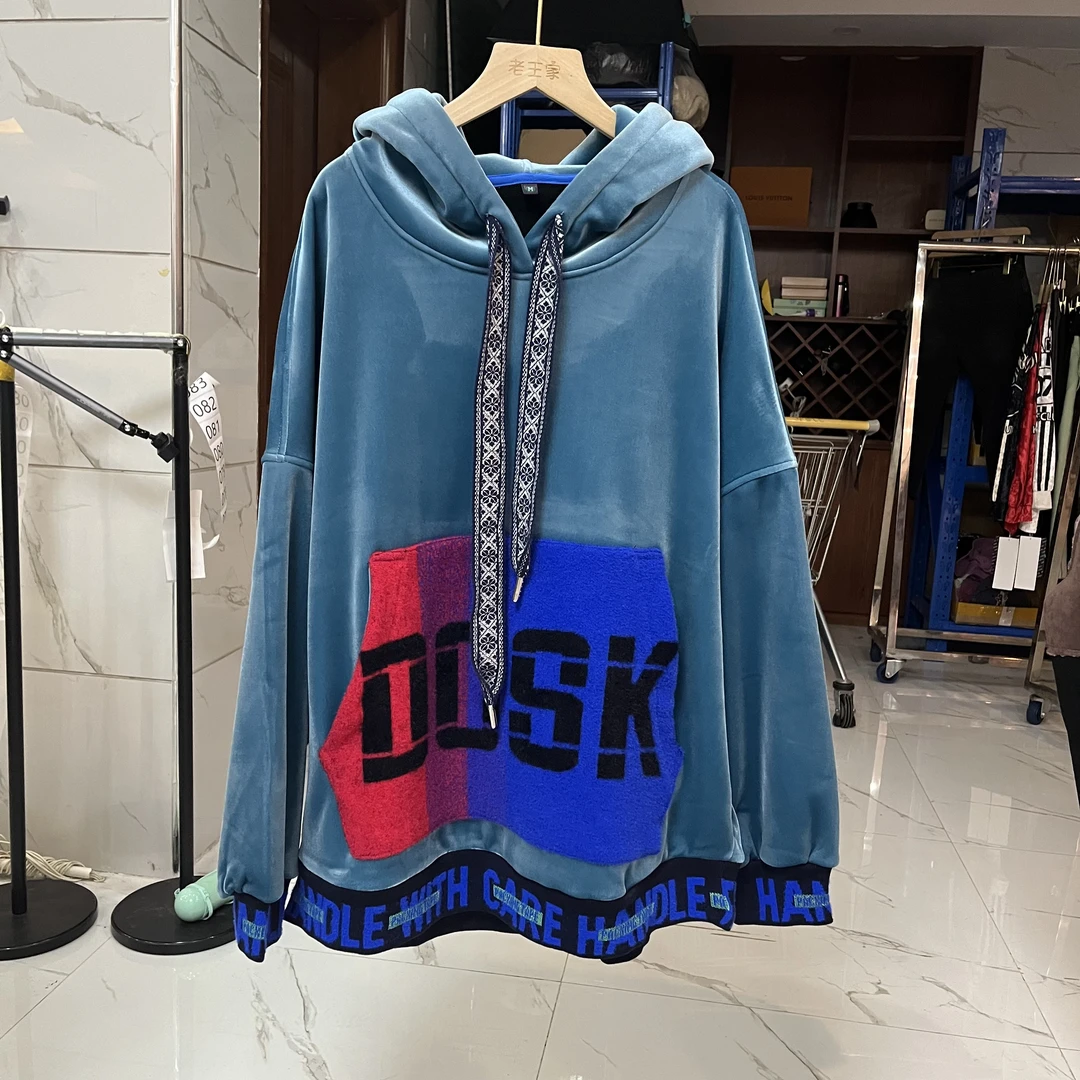 JIEXI设计师情侣休闲百搭美式宽松女款冬季丝绒连帽卫衣A0006