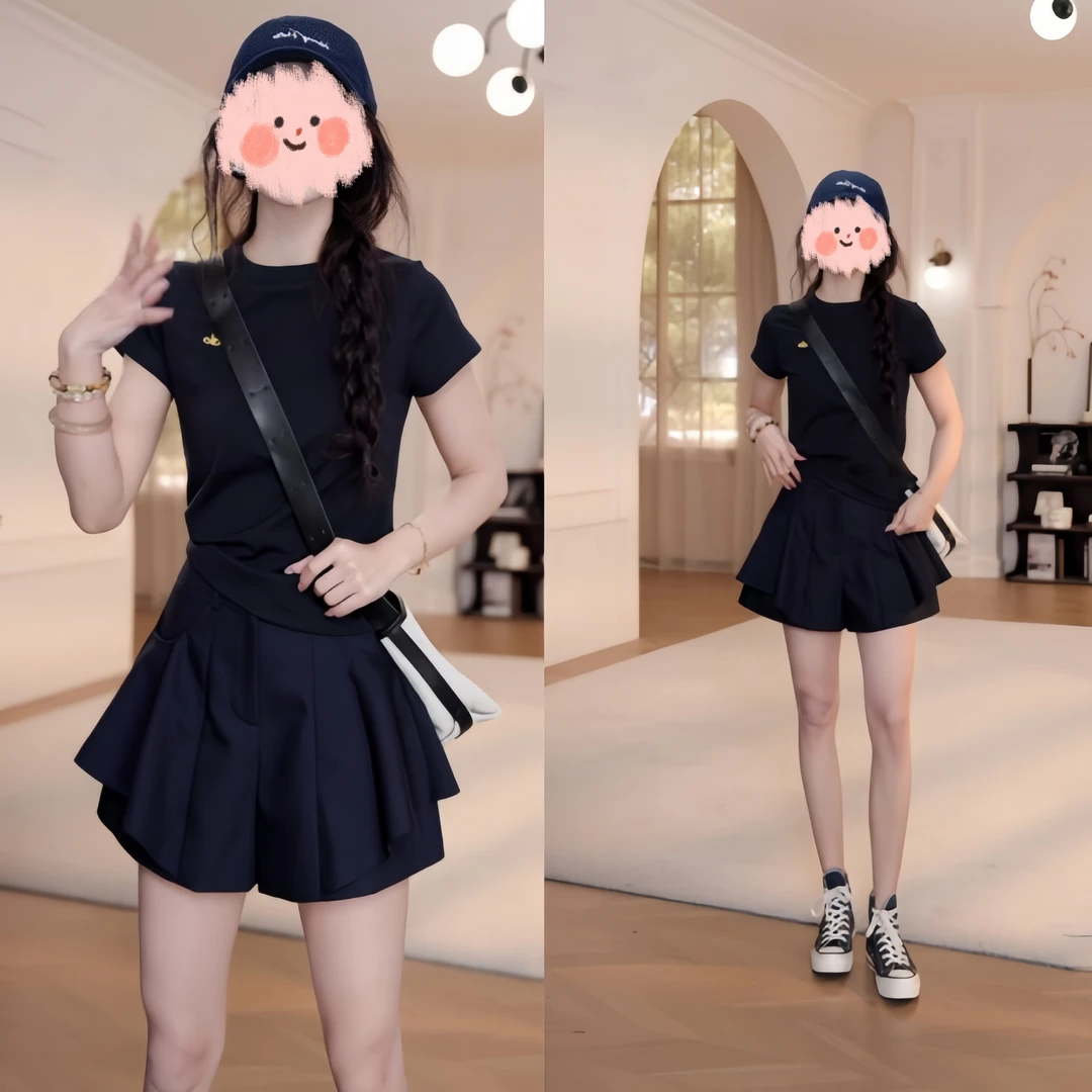 夏季百搭字母刺绣小标短袖T恤上衣+显瘦气质裙裤休闲短裤套装