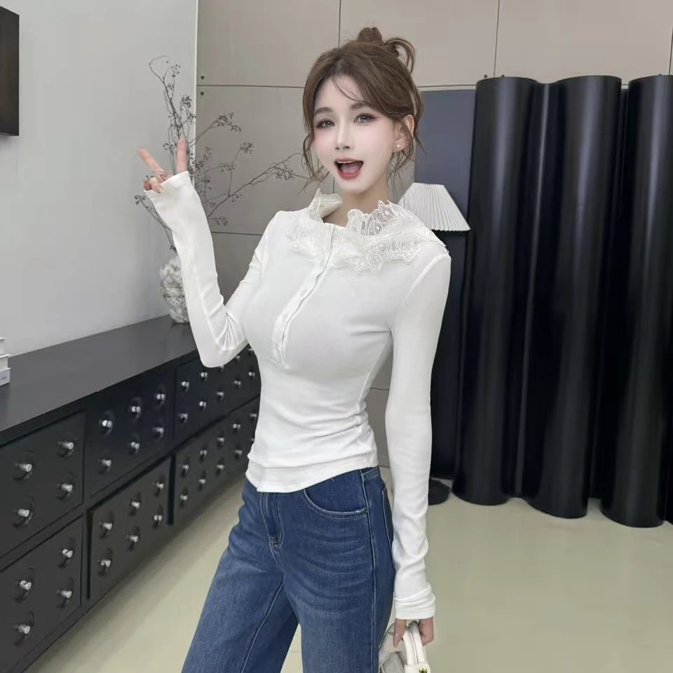 限量【千娇百媚】新季“水溶蕾丝”花边领polo内加绒上衣
