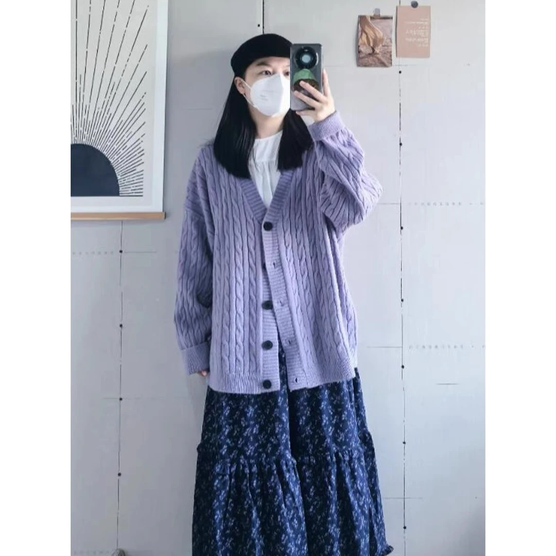 紫色V领麻花毛衣开衫秋冬季2025新款慵懒风高级感针织外套半身裙