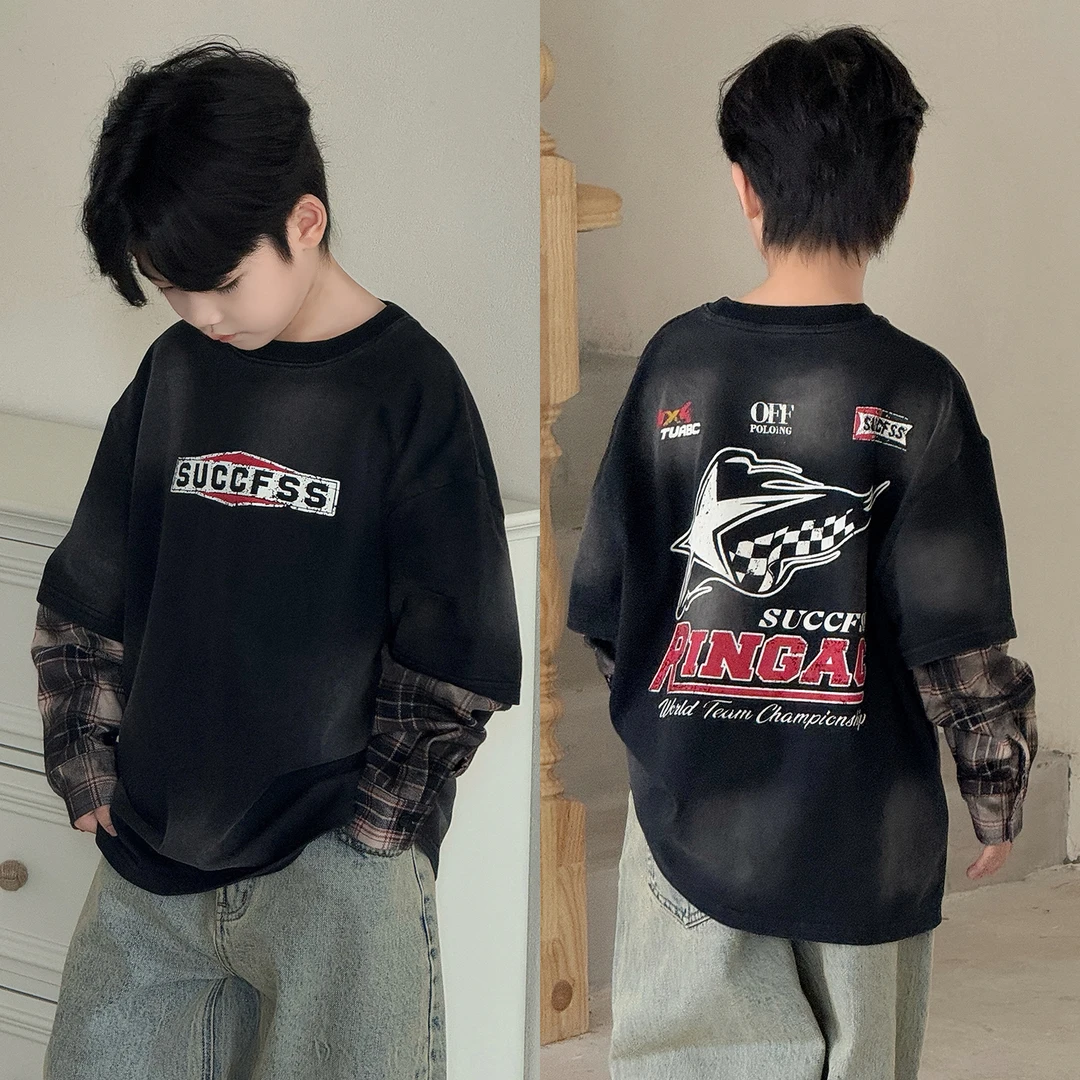 9.17号新品 男童长袖T恤2025秋装新款中大儿童韩版宽松假两件上衣