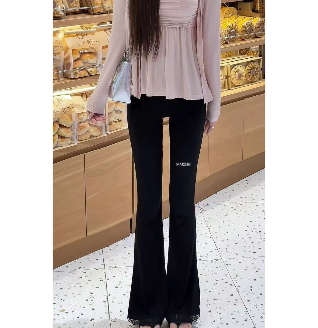 【腿精天花板】超模线条显瘦高腰微喇裤裤脚拼蕾丝A378