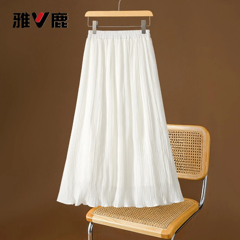 雅鹿高级感雪纺a字半身裙女秋季2025年新款高腰气质垂感休闲伞裙