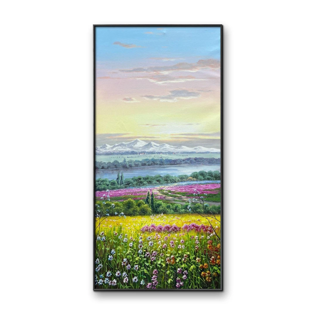 《花海映雪山日》系列一60cm*120cm手绘油画艺术餐厅卧室客厅装饰画