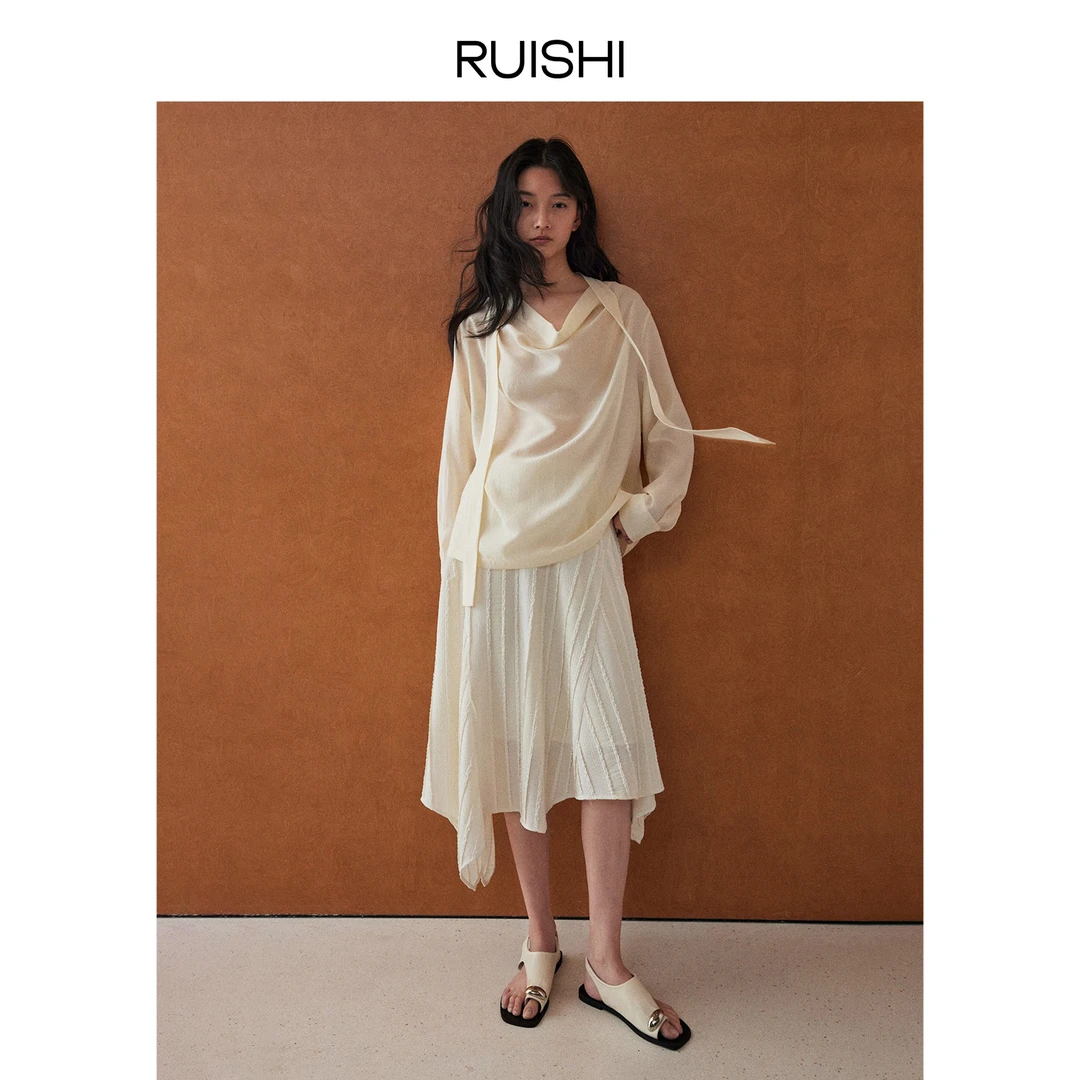 RUISHI芮时醋酸荡领飘带慵懒松弛感长袖法式衬衫女R25A119808