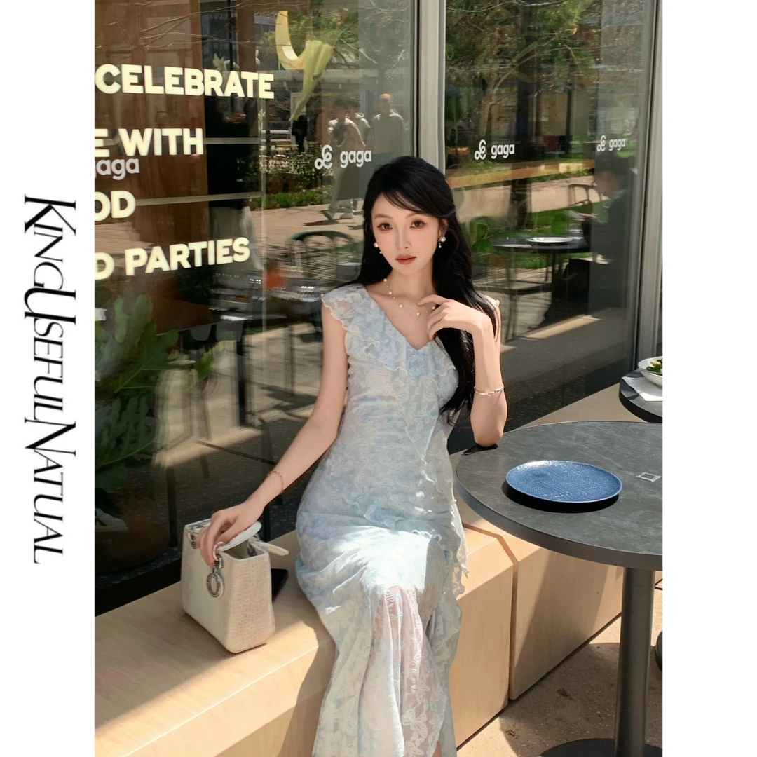 KUN【茉莉】公主出游 荷叶花边搭配蕾丝提花扎染灵动感浅蓝连衣裙