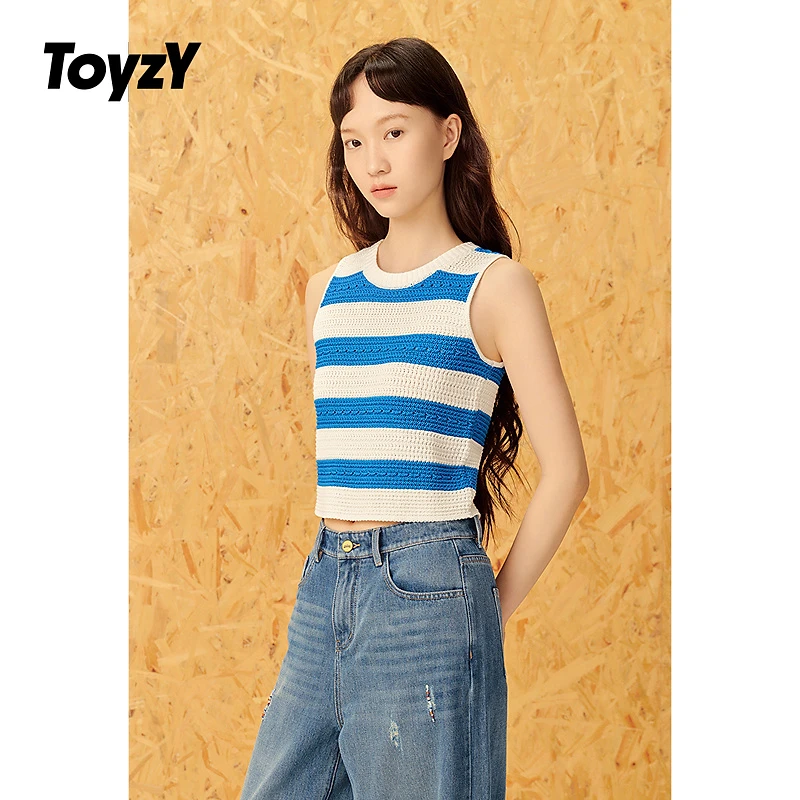 ToyzY25夏新款海边度假伊比萨蓝条纹截短针织背心女ZC35204080