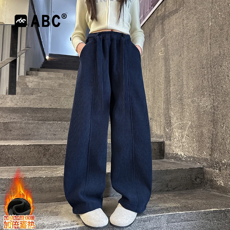 ABC女童加绒休闲卫裤2025新款秋冬时髦阔腿裤中大童潮流宽松裤子