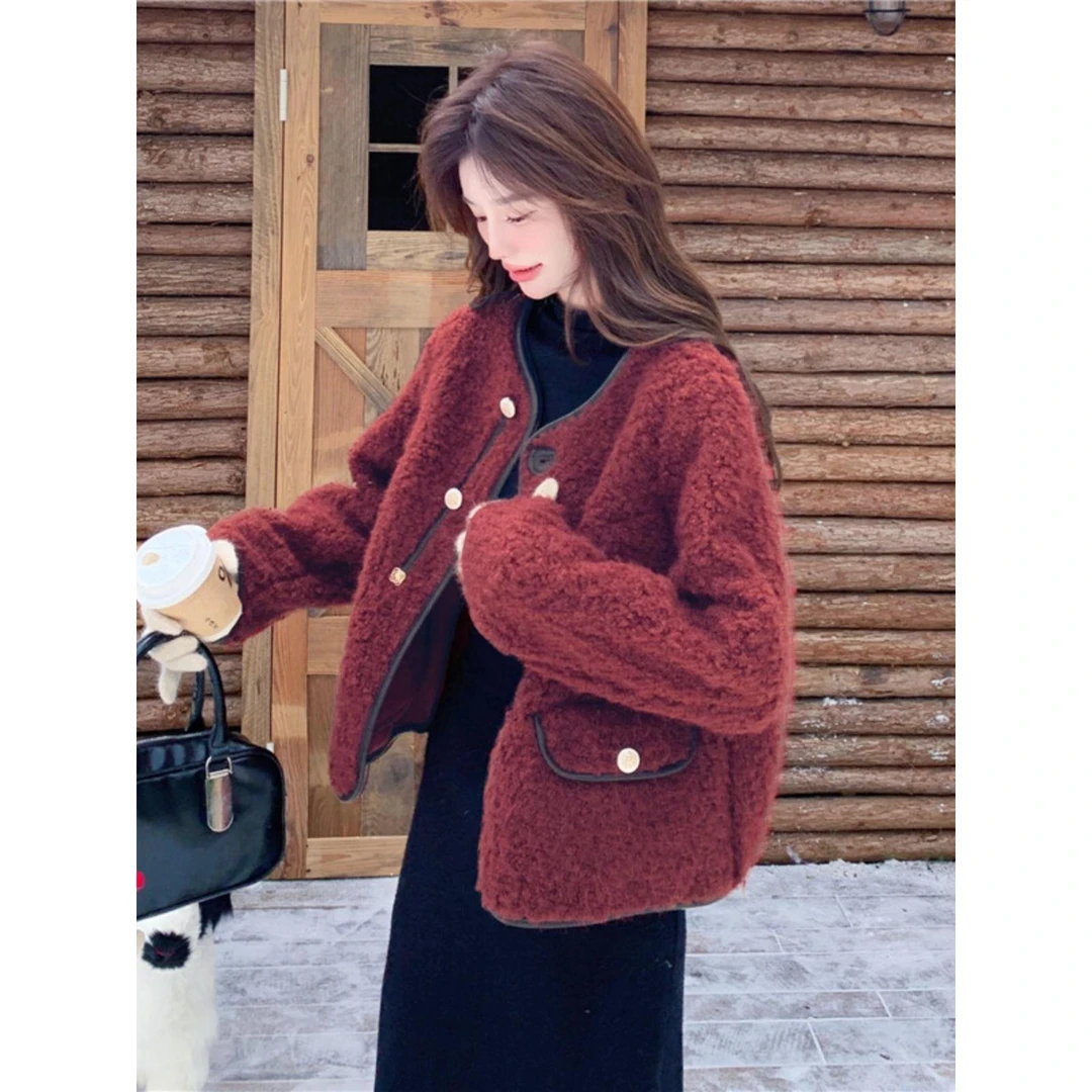 超好看安可拉红色百搭外套女冬季新款小个子高级感皮毛一体短款