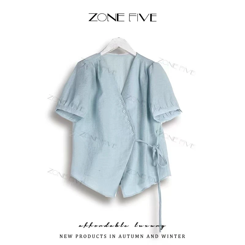 （zonefive）麻感天丝ins不规则收腰衫之作设计感