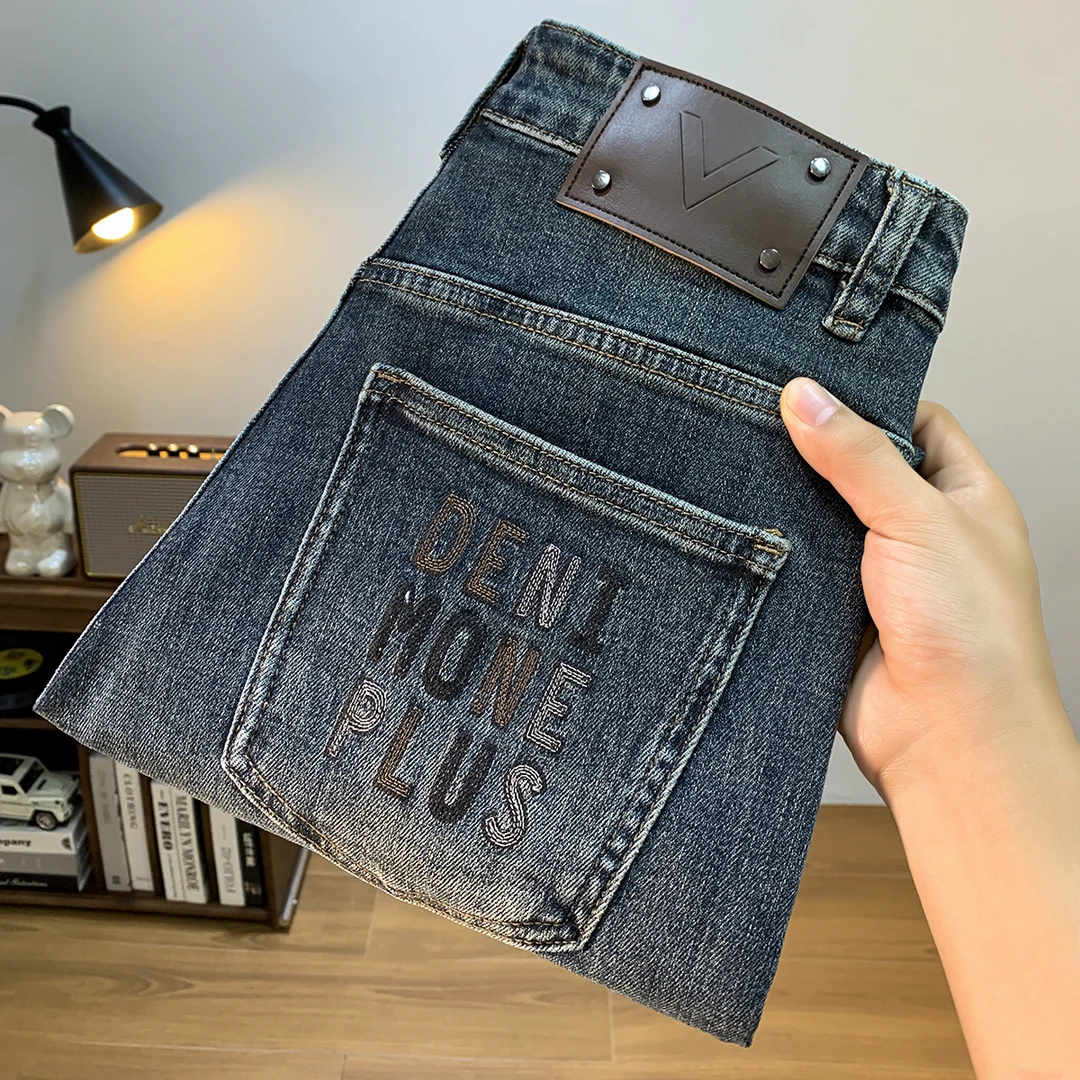 PONDEHEFOT普丹希斐春秋季牛仔裤男复古刺绣小脚裤弹力宽松哈伦裤