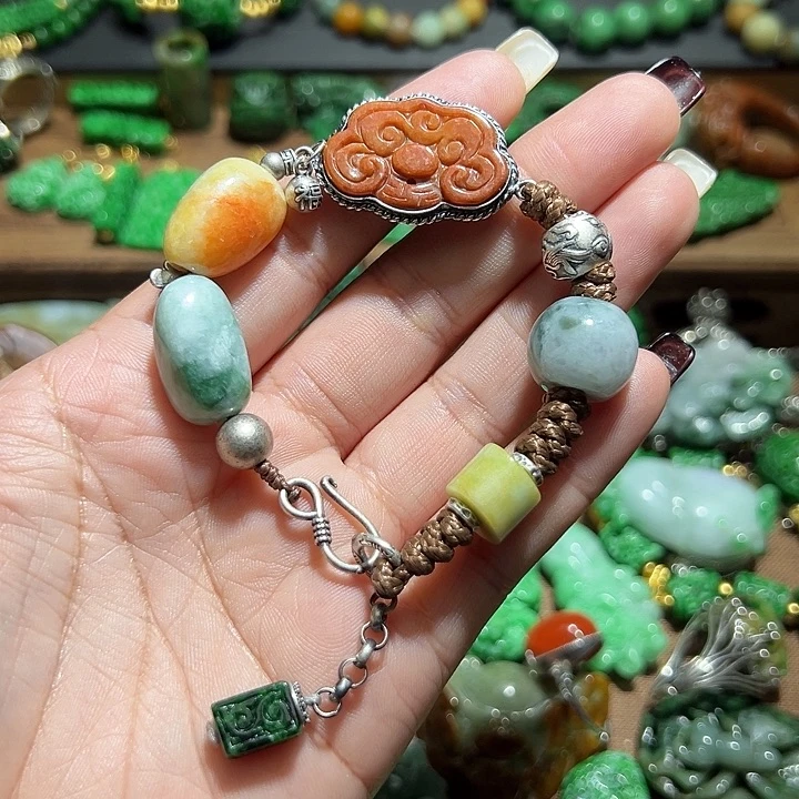翡翠手串银S925镶嵌翡翠手串