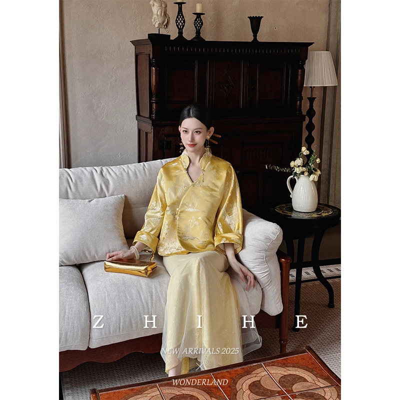 至禾Wonderland【鸾玉金屏】原中式重工提花发财金外套+蕾丝网纱半