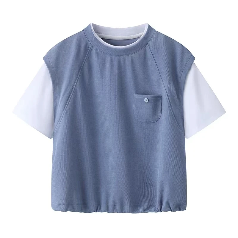 【晨间浪】夏季新款休闲宽松时尚圆领百搭女假两件短袖