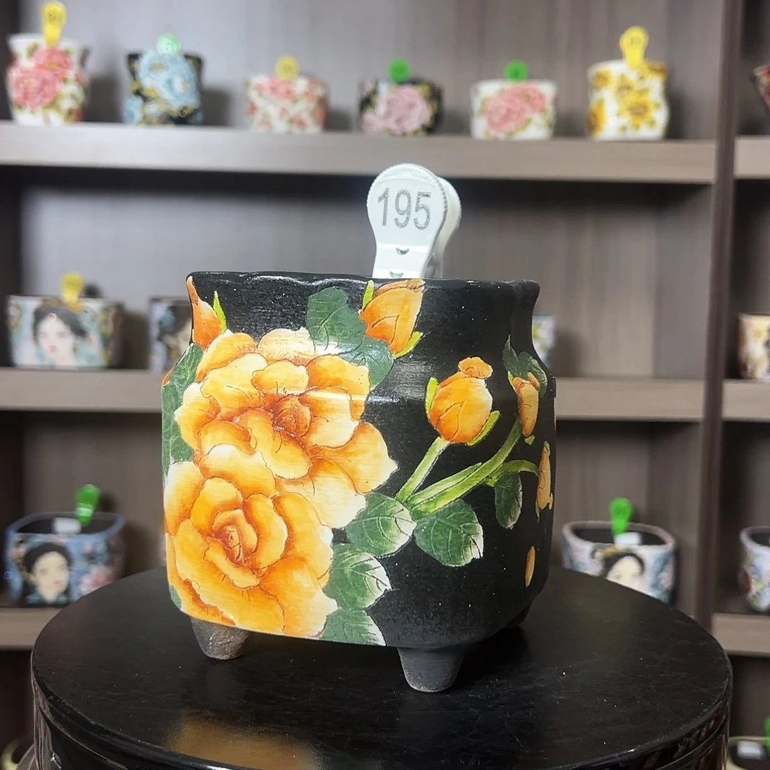 手绘陶瓷花盆口10高13.5